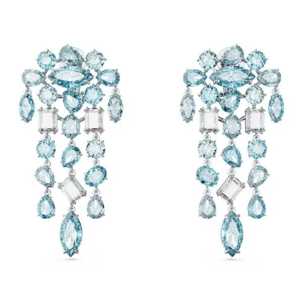 5666015 Swarovski Küpe Gema clip earrings, Mixed cuts, Chandelier, Extra long, Blue, Rhodium plated 5666015