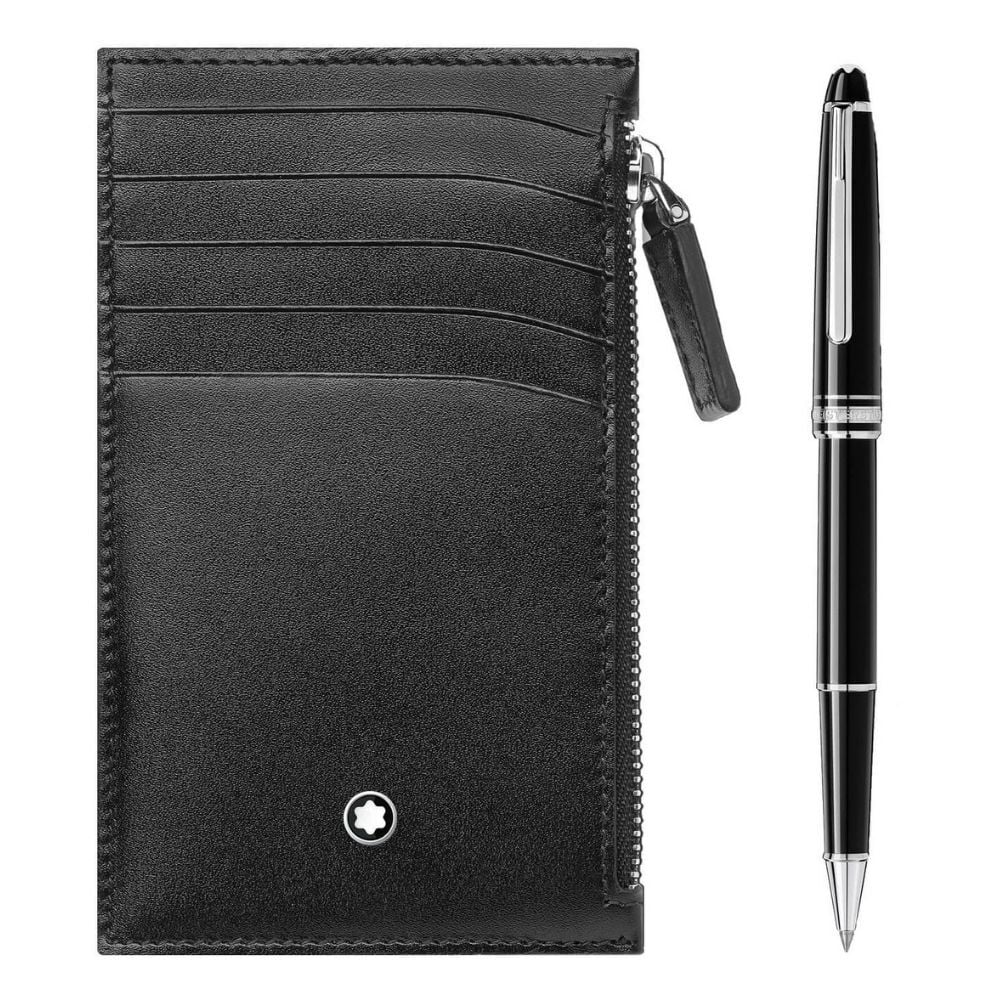 130449 Mont Blanc Meisterstück Platin Kaplı Klasik Rollerball ve Fermuarlı Meisterstück Cüzdan 5 cc Set