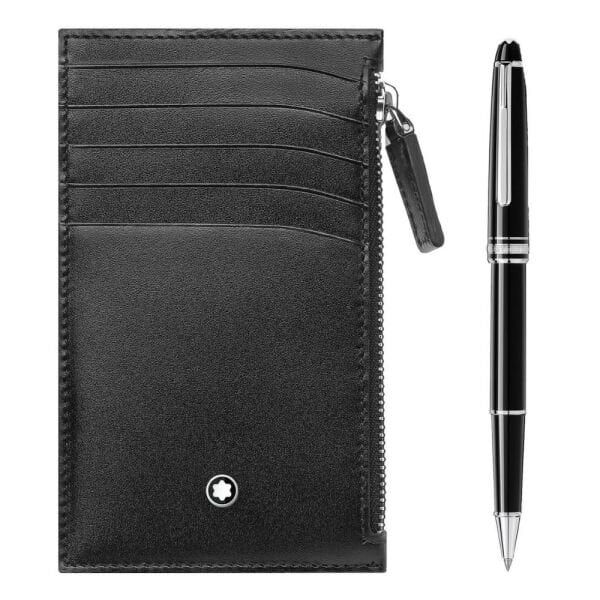 130449 Mont Blanc Meisterstück Platin Kaplı Klasik Rollerball ve Fermuarlı Meisterstück Cüzdan 5 cc Set