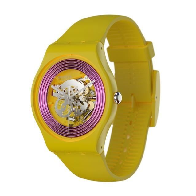 SO29J100 Swatch Purple Rings Yellow Unisex Kol Saati