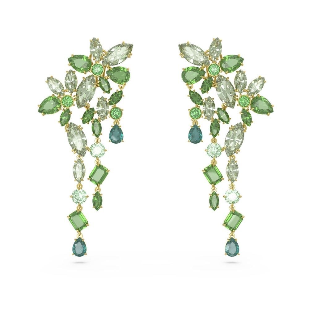 5652801 Swarovski Küpe Gema:Drop Earrings Mixed Cuts, Green Gold-Tone Plated 5652801